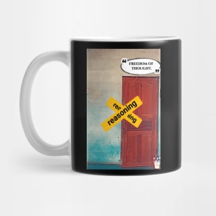 Picture of a door with a place name sign and a restricted area sign attached. Mug